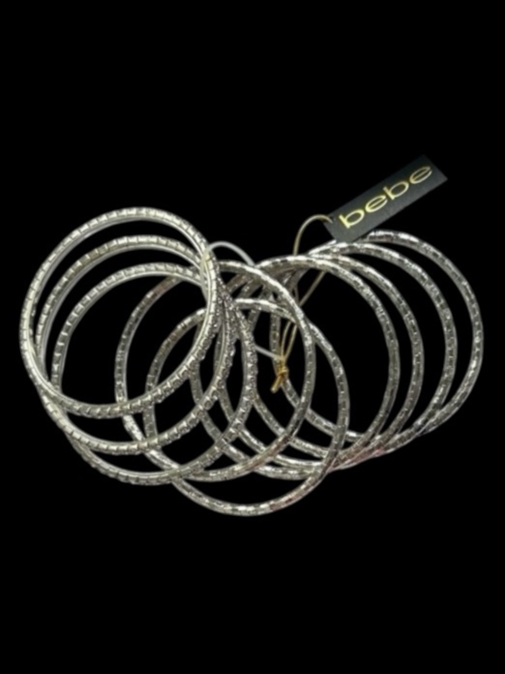 Set of 9 Bebe Silver and Rhinestone Stackable Bangle Bracelets - Picture 2 of 7